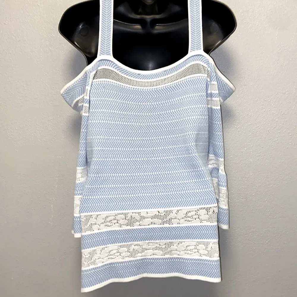 Boston Proper Off -the-Shoulder Blue & White Bell Sleeves Knit Sweater 3495